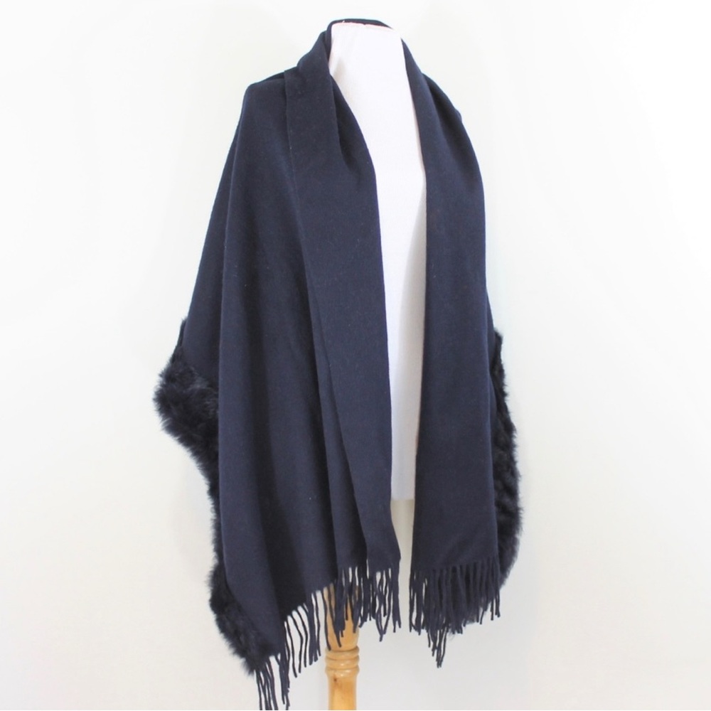 100% Cashmere Shawl Wrap Blue Rabbit Fur 68x28